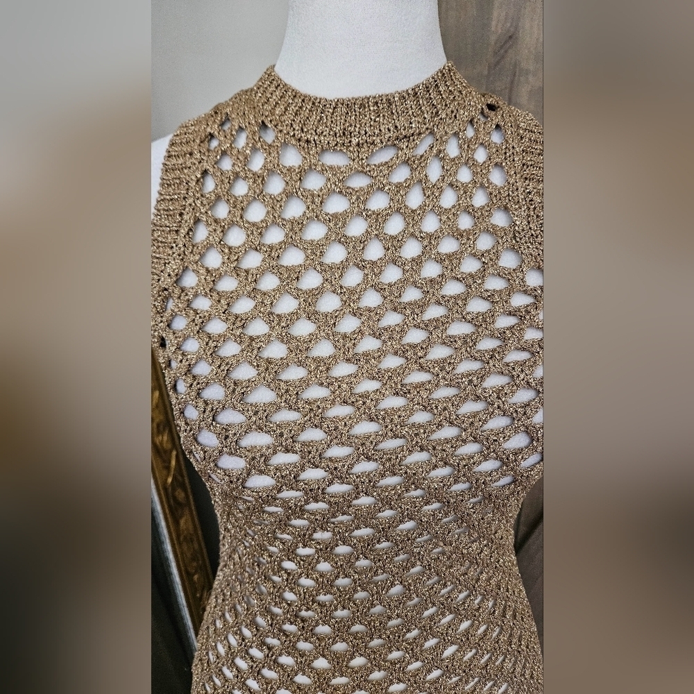Zara Metallic Crochet Fishnet Midi Dress Gold Open Knit Cover Up Size Small - Picture 8 of 16